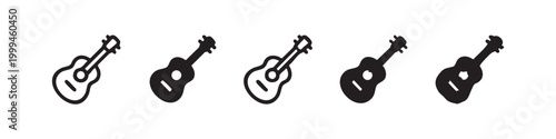 Five ukulele icons, two outlined and three solid, representing music