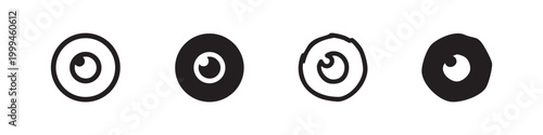 Set of four stylized eye icons with spiral pupil: outline and solid black.