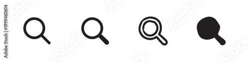 Set of four stylized magnifying glass icons: outline and solid black.