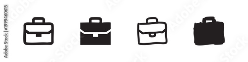Set of four stylized briefcase icons: outline and solid black.