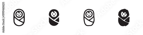 Set of four stylized newborn baby icons: outline and solid black.