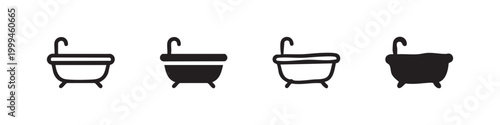 Set of bathtub icons, white and black outline and solid fill