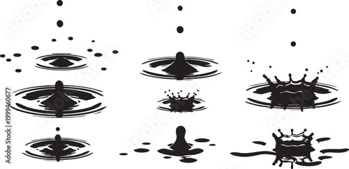 Water droplets splashing and creating ripples on surface