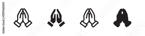 Set of praying hands icons, white and black outline and solid fill