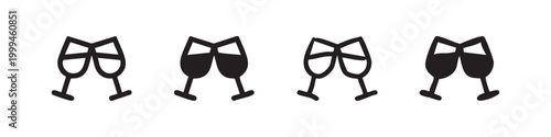 Set of four clinking wine glass icons in outline and silhouette styles