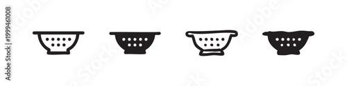 Set of four simple colander icons, black outline and solid fill on white background