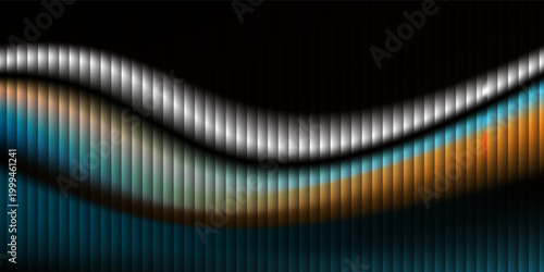 Abstract background with dark vertical bars and a flowing wave of white, teal, and orange light. Modern digital distortion effect