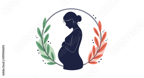 Pregnant woman silhouette with floral wreath illustration