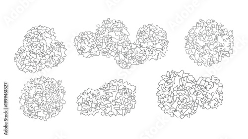 Set of hand drawn tree top views for landscape architecture designs with leafy sketch texture.