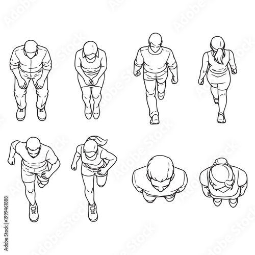 CAD Human Figure Outline Set, Men and Women Top View  Sitting, Walking, Running 
Vector Collection