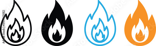 Fire flame icon collection, heat energy symbol, burning hazard sign, vector illustration set