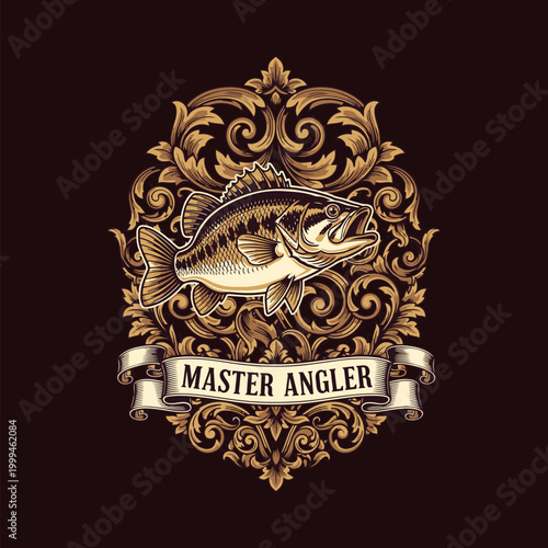 A detailed illustration of a majestic bass fish centered within an ornate golden vintage frame and MASTER ANGLER banner. design