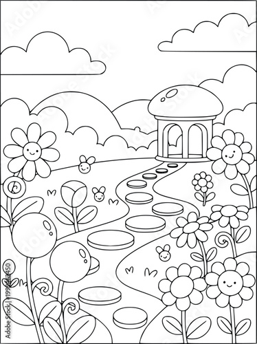 Magical garden path with a mushroom gazebo and smiling flowers coloring page