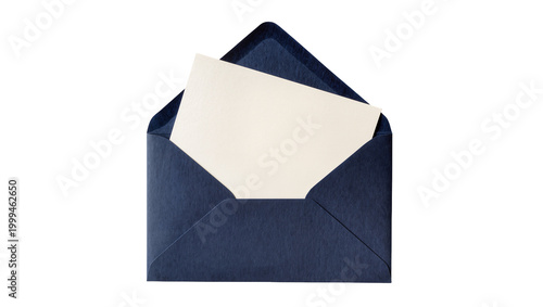 Foto Open navy blue envelope with blank white paper card inside, isolated on transpar