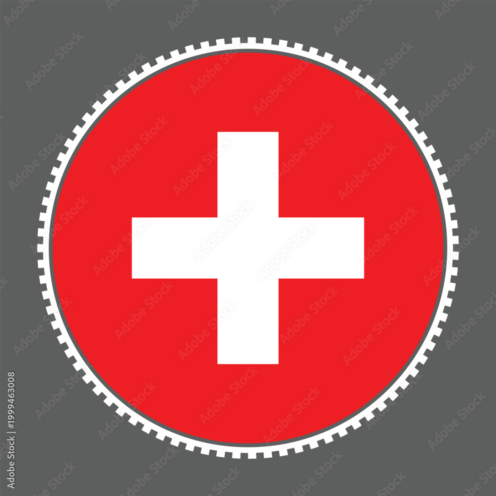 Obraz premium Red circle with white cross and gear border symbol Swiss flag design element with mechanical cogwheel edge