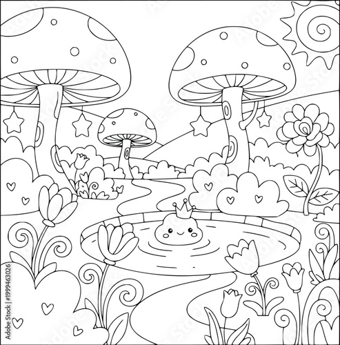 Frog prince in a pond with giant star mushrooms coloring page