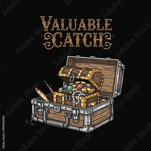 An open treasure chest filled with gold, jewels, and pearls, with fishing gear and VALUABLE CATCH displayed. design