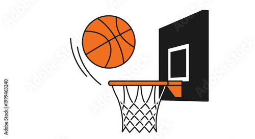 Orange Basketball Falling Through a Hoop and Net with a Black Backboard on an Isolated White Background