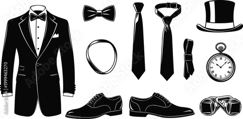 Vector Illustration of Formal Wear Accessories, Including Tuxedo, Bow Tie, Tie, Pocket Watch, and Shoes for Fashion, Elegance, and Luxury Designs