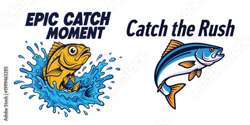 Two distinct fishing designs: a yellow fish splashing Epic Catch Moment and a blue fish jumping Catch the Rush. design