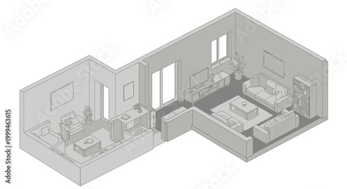 Isometric View of a Modern Minimalist Living Room and Dining Area