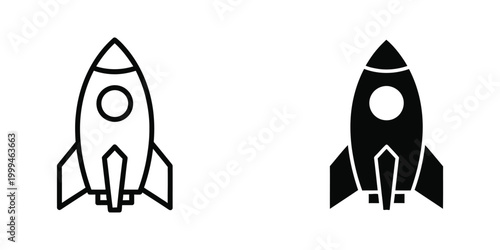 Simple black and white rocket icon with a circle window on a plain background