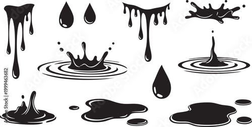 Black ink splatters and dripping effects with water ripples