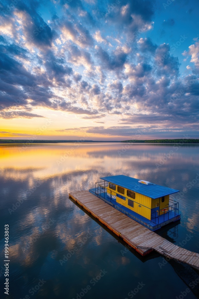 Fototapeta premium Houseboat moored at a wooden pier on a calm lake during sunset. Scenic reflection of clouds in water. Peaceful nature landscape, travel leisure and vacation mood, outdoor adventure.