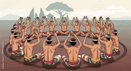 Traditional Balinese Kecak Dance Performance with Men in a Circle and Hindu Temple Background
