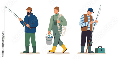 A professional vector illustration depicts a diverse group of business people in suits and construction workers in uniform standing near a cartoon group of people fishing