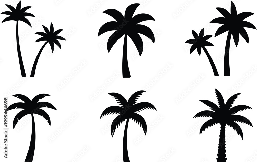 Fototapeta premium Set of black palm tree silhouettes in various shapes and styles isolated on white background for summer travel and vacation.