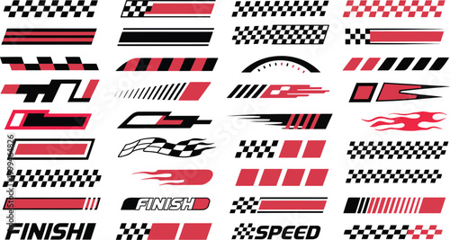 Sports racing graphic elements set featuring speed lines finish flags and motion decals for vehicle vinyl wrap and sticker design.