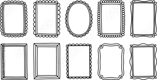 Collection of hand drawn doodle picture frames with various decorative borders including scalloped rectangular and oval shapes for creative design projects.