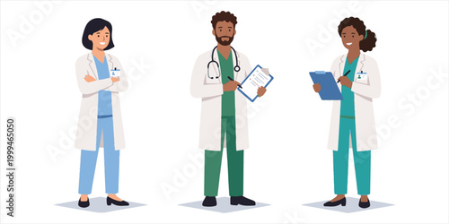 A smiling medical team of professional doctors and nurses in uniform stands together holding stethoscopes in a hospital clinic setting