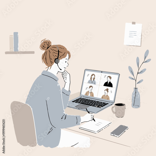 オンライン会議でメモを取る女性の在宅勤務イラスト