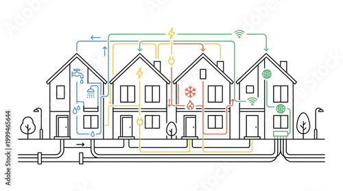 Smart energy distribution network illustration for modern sustainable residential homes.