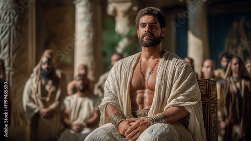Joseph embraces his brothers in an Egyptian hall, tears revealing forgiveness and reconciliation after years of separation.
