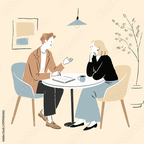 丸テーブルで打ち合わせをする男女の相談イラスト