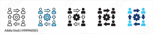 Four people with gear icon set. Icon symbol usable for: teamwork, management, collaboration, organization, coordination, process, system, workflow, group. Vector illustration