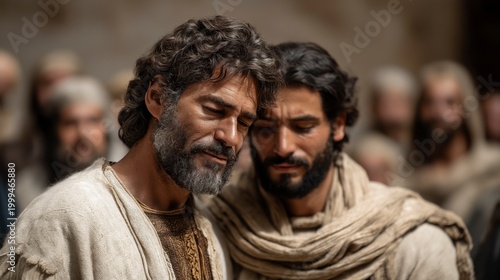 Joseph embraces his brothers in an Egyptian hall, tears revealing forgiveness and reconciliation after years of separation.
