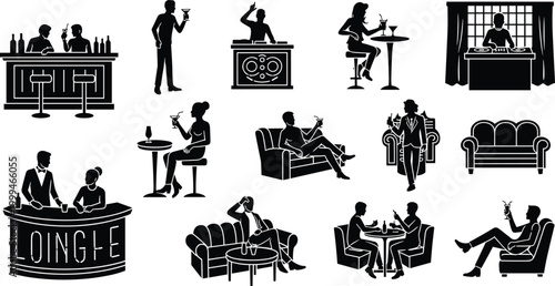 Vector Illustration of Silhouettes Depicting Socializing, Cocktail Drinking, and Lounge Scenes in Bars and Lounges for Nightlife, Hospitality, and Leisure Designs