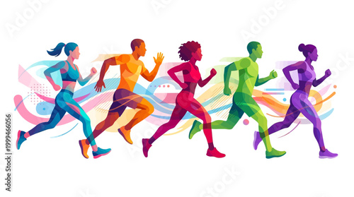 Group of diverse people running in a colorful marathon race.