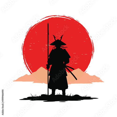 A stoic samurai warrior stands in silhouette, holding a spear, against a large, bold red sun and subtle mountains on a minimalist background. design