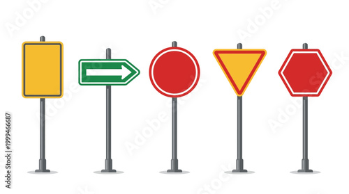 Collection of blank road signs on poles isolated on white background.