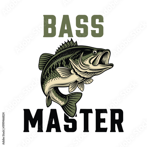 A detailed and powerful bass fish is prominently featured with its mouth open, accompanied by the bold and authoritative text BASS MASTER on a white background. design