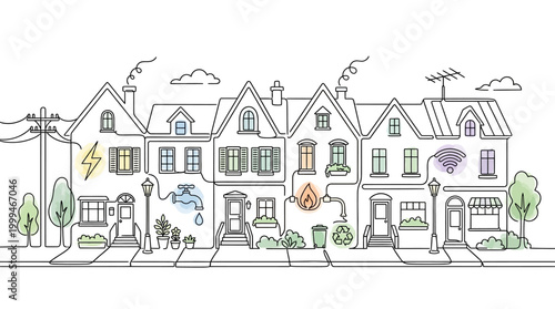 Hand drawn illustration of a suburban street with integrated utility icons.