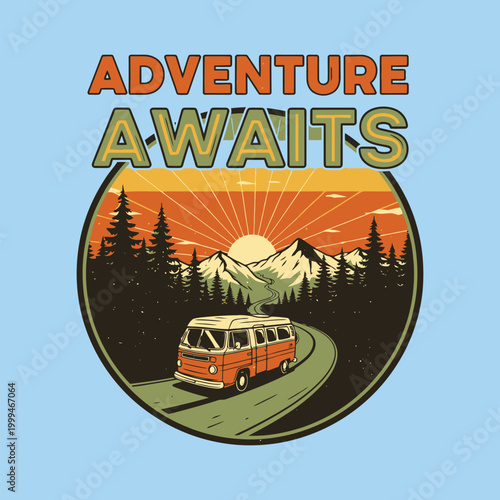 Fotografía A retro orange camper van drives along a winding road through a scenic mountain landscape with pine trees and a setting sun, under the text ADVENTURE AWAITS