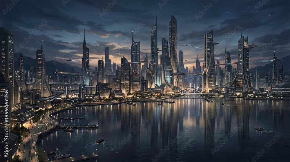 Fototapeta premium Futuristic city skyline at night with water reflection and a dark sky.