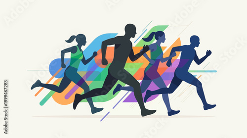 Group of diverse people running together as a team.