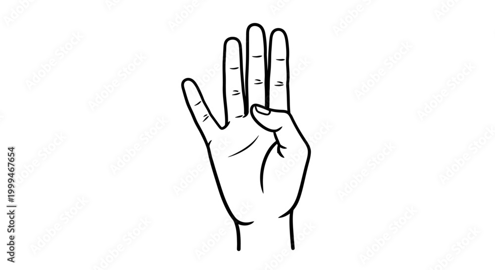 Obraz premium Hand Showing Four Fingers Up, Isolated on White Background, Outline Drawing